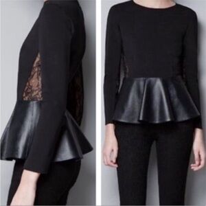 Zara Woman Studio Black mixed media peplum lace long sleeve top blouse M